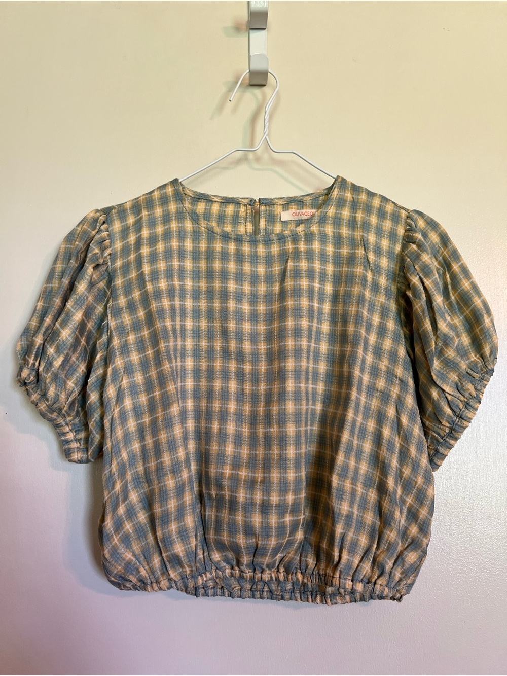 Smocked Hem Plaid Puff-Sleeve Top - Blue & Cream